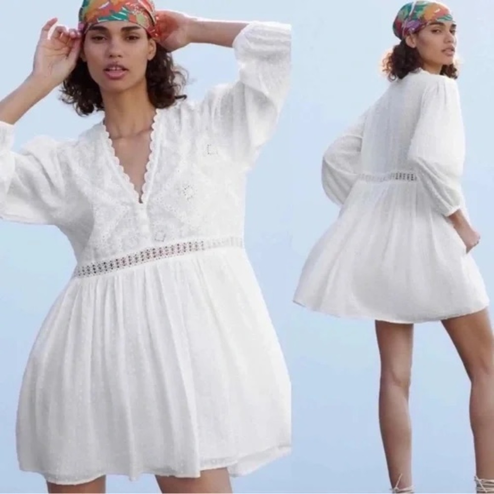 Zara long sleeve white linen dress